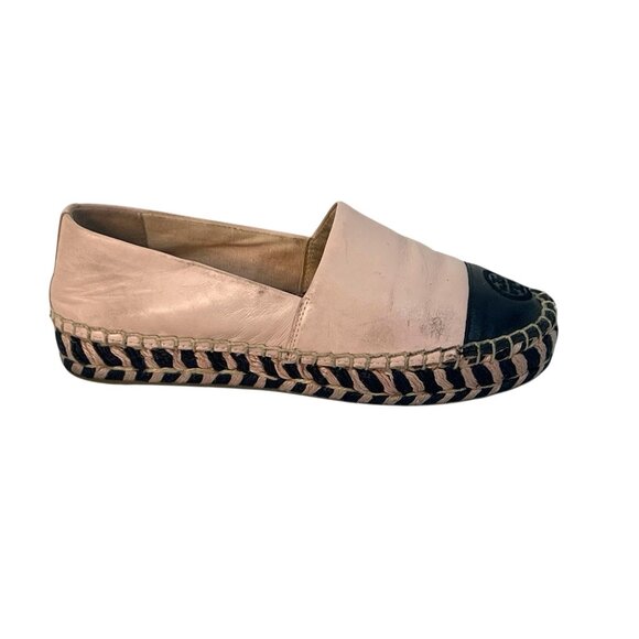 Tory Burch Pink Cap-Toe Leather Espadrilles Sz 5.5 nude black - Picture 2 of 6